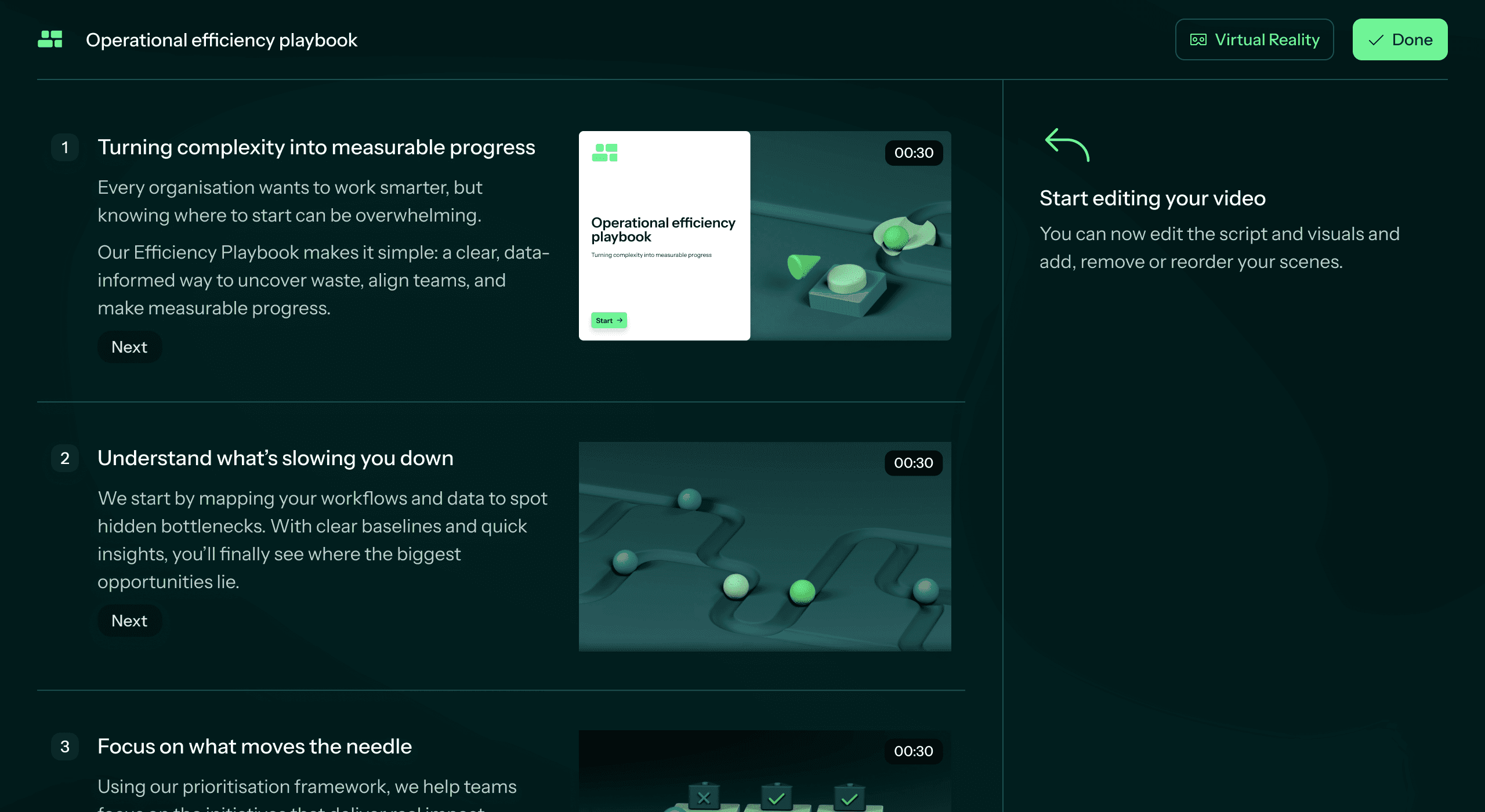 Screenshot of Hyperframe editor showing a script and scenes