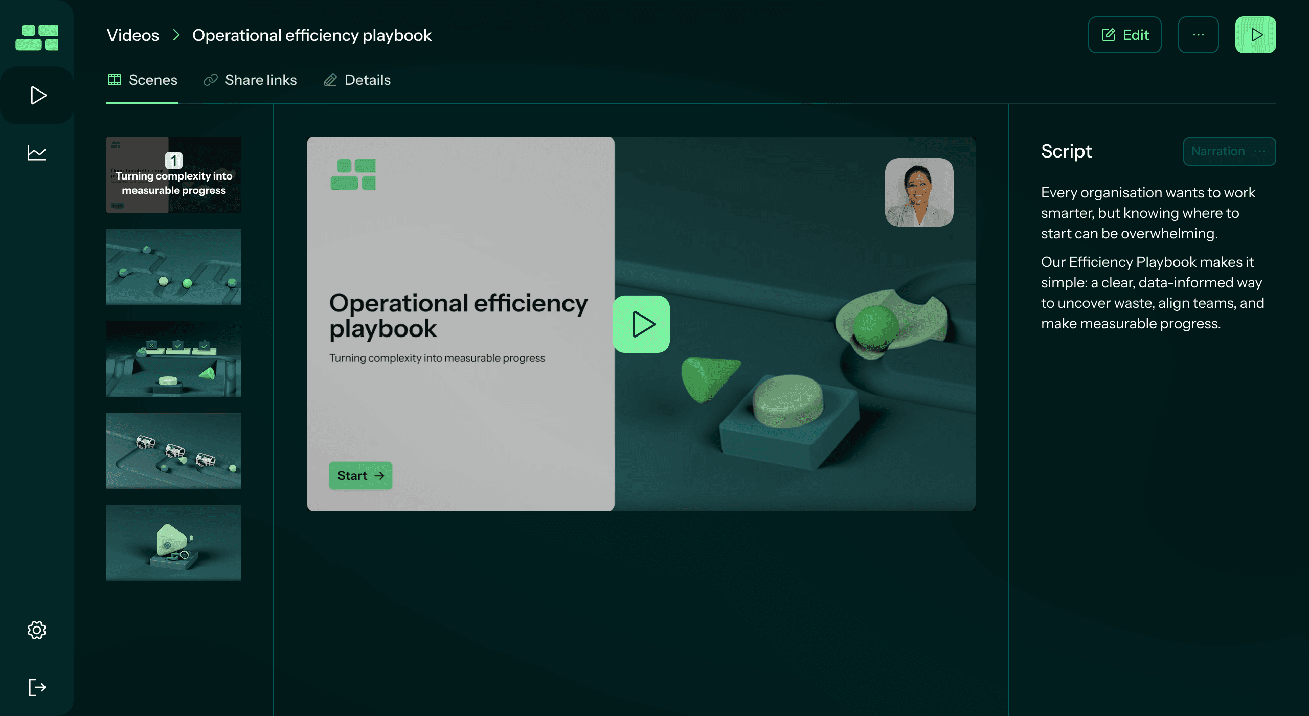 Screenshot of Hyperframe video view showing a selected scene and narration